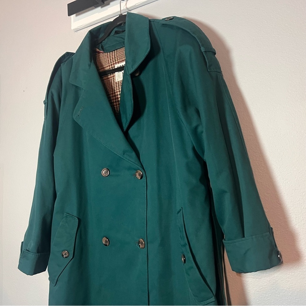 Vintage Double Breasted Trench Coat Womens Teal Green Size 12 Lined Long Belted - Picture 2 of 15